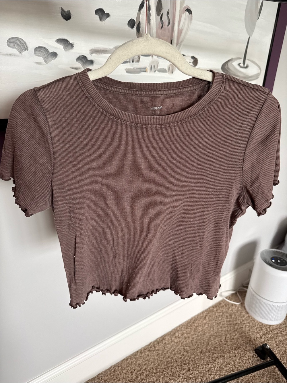 aerie Ribbed Lettuce-Edge Crop Top - Brown